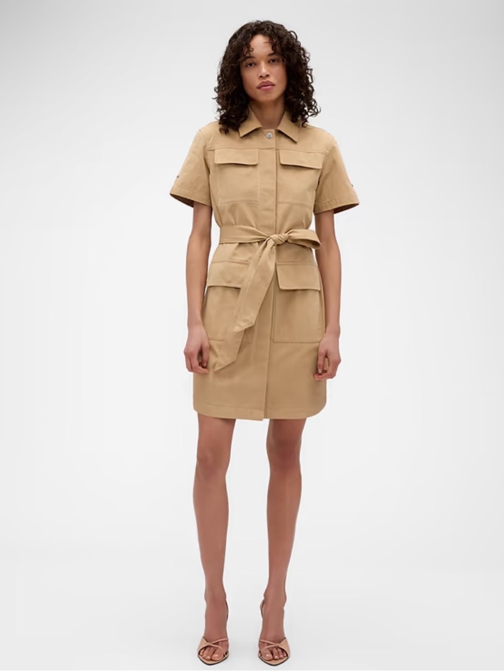 Tie-Waist Short Sleeve Utility Mini Dress in Khaki
